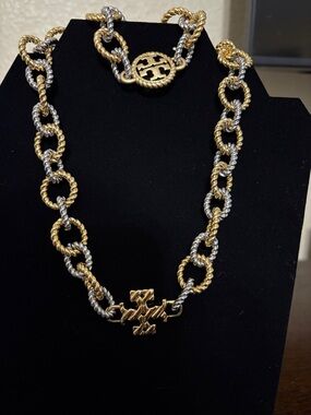 Tory Burch Mix Metal Twisted Rope Link Necklace and Bracelet in Gold and Silver